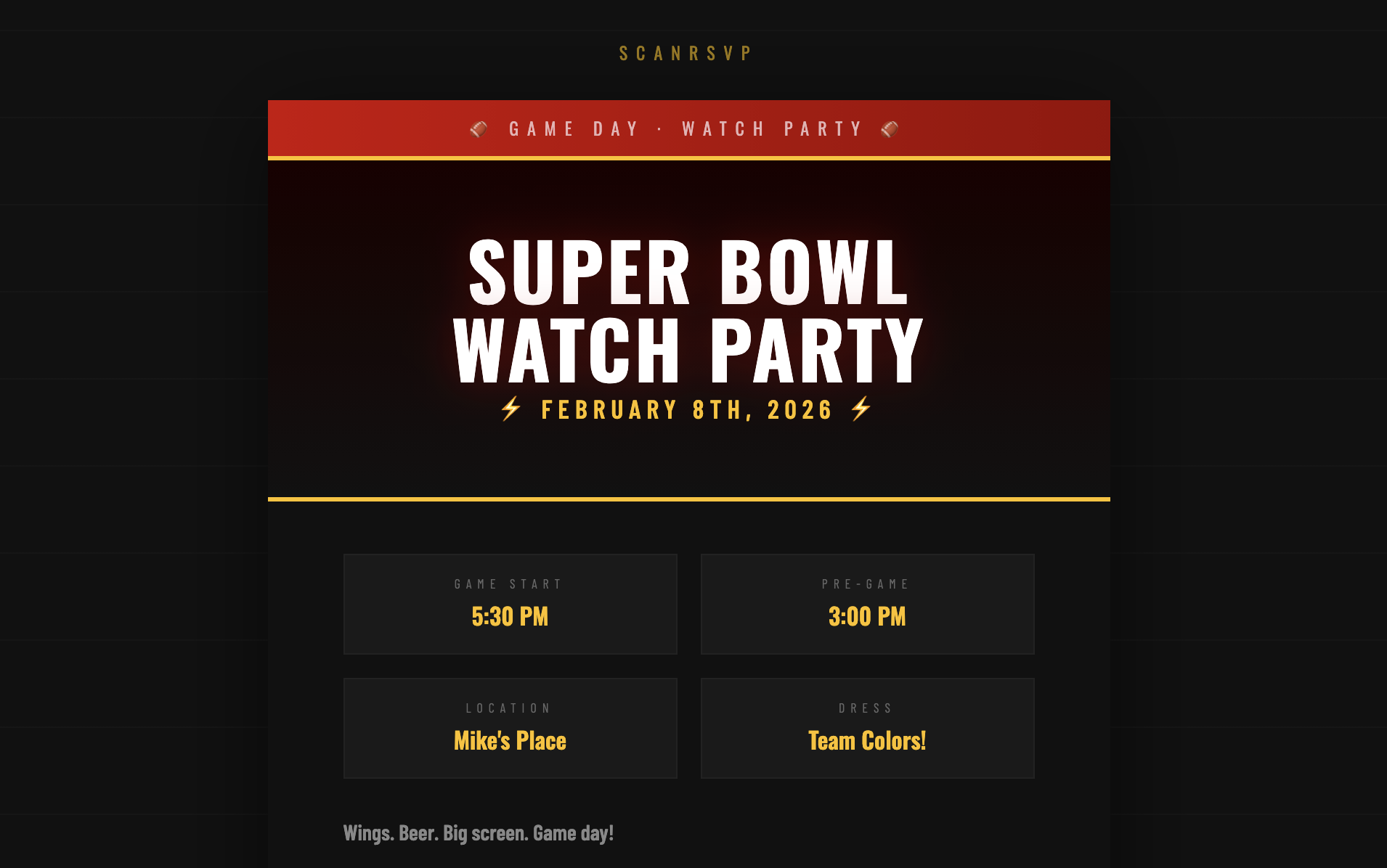 Sports Watch Party RSVP card example